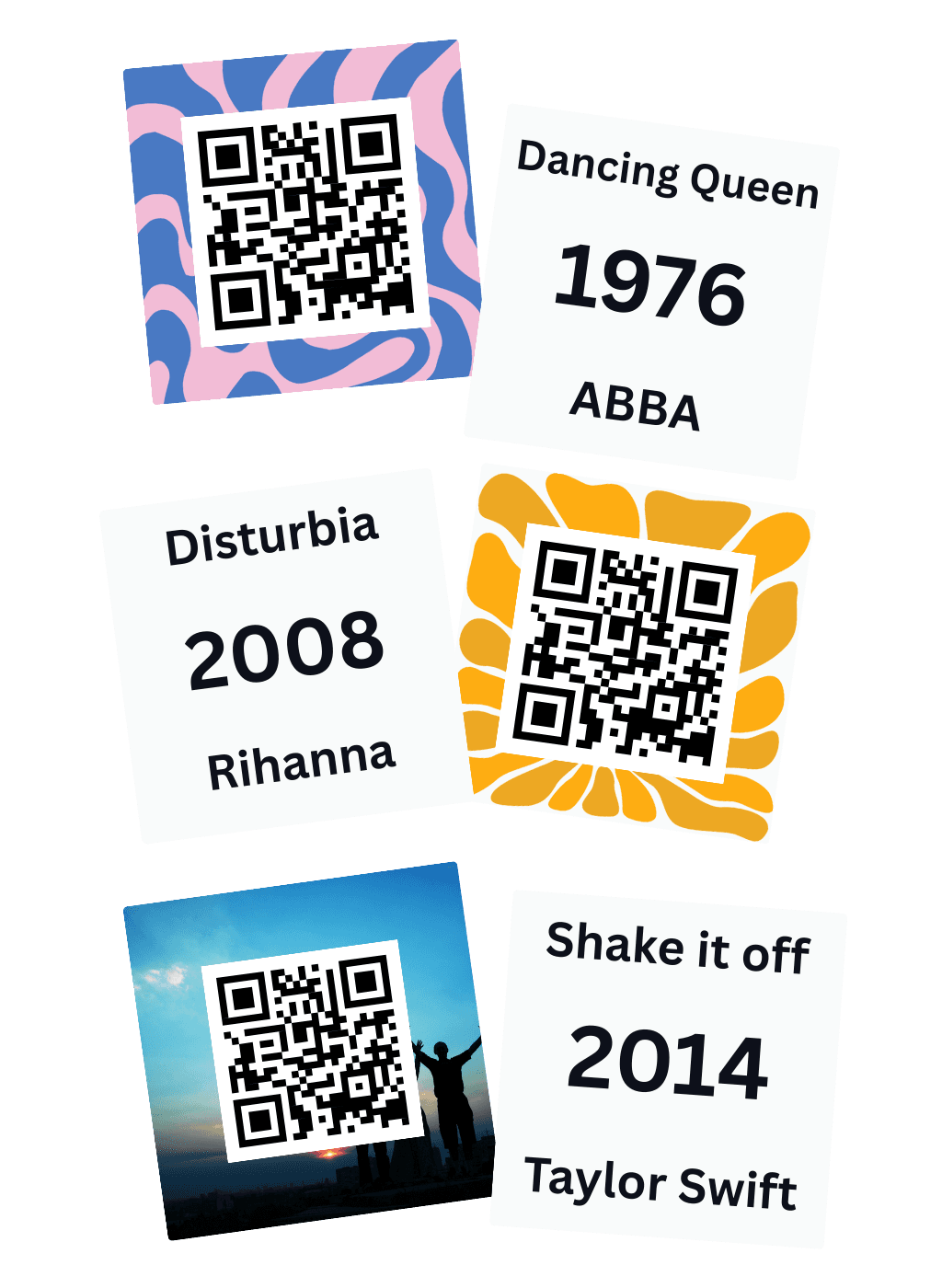 QR Music Cards - Scattered cards with QR codes and song information